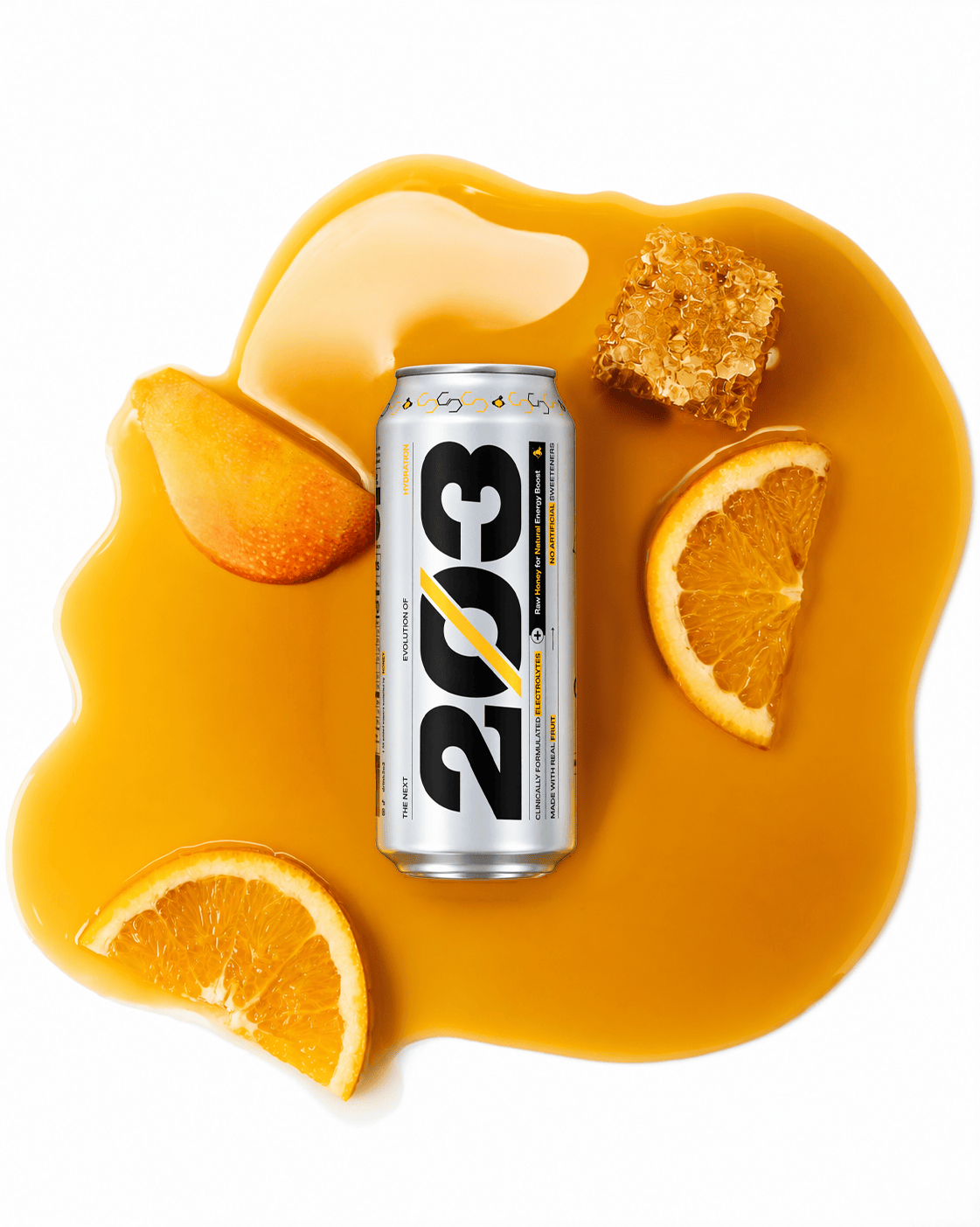 2O3 Orange Mango hydration can with honey, honeycomb and orange slices on a white background